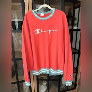 Champion Reverse Weave Coral Sweatshirt Striped Trim Unisex Pullover crewneck